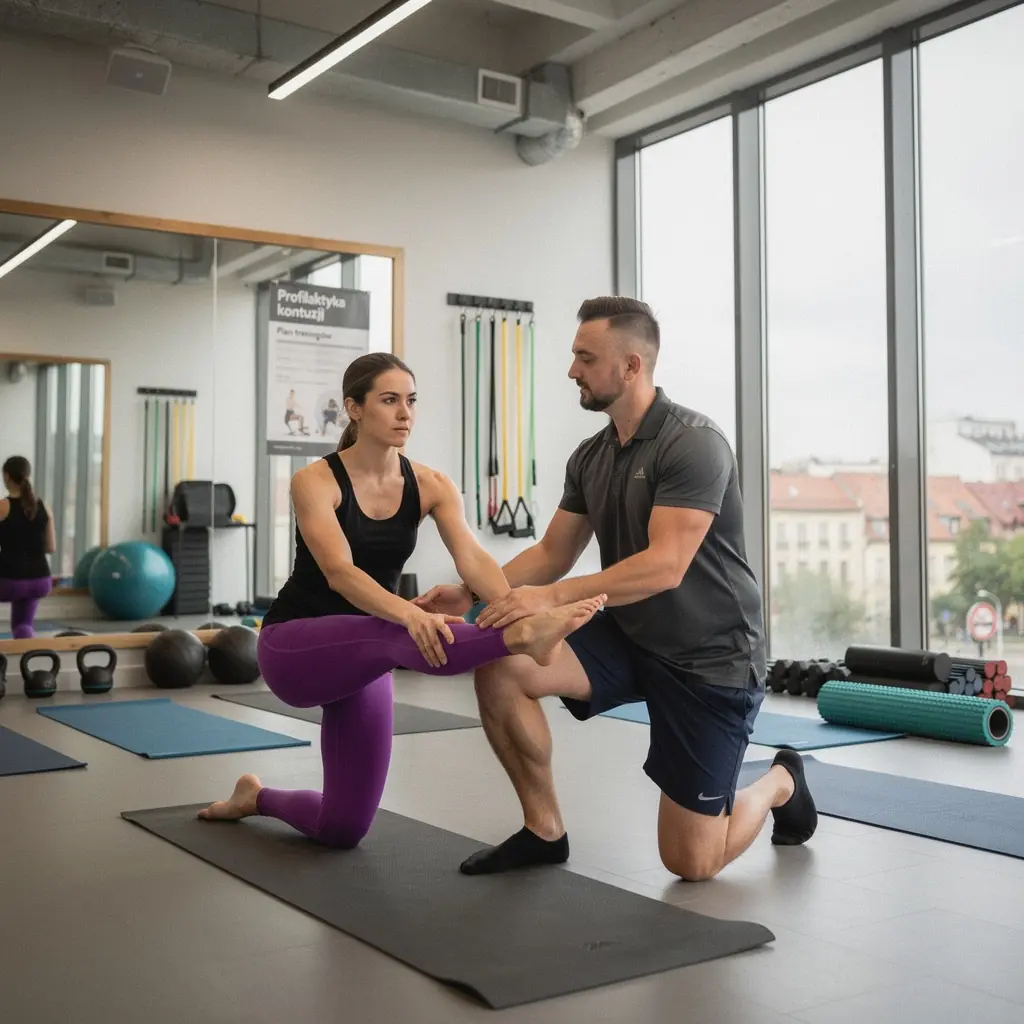 Zbliżenie na sportowca w pozycji psa z głową w dół, poprawiającego elastyczność.