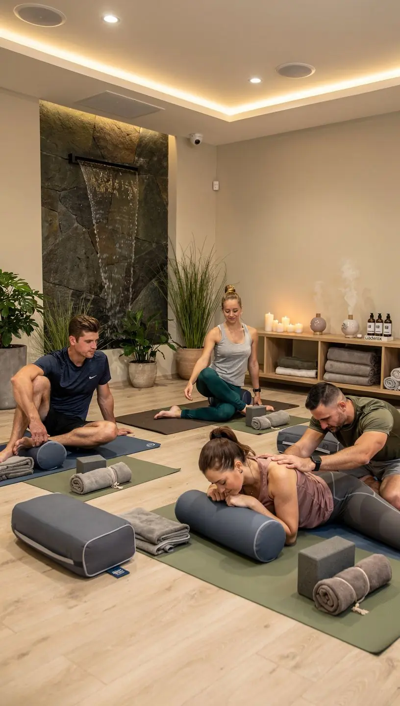 Grupa osób trenujących jogę na świeżym powietrzu, angażujących się w różnorodne asany.