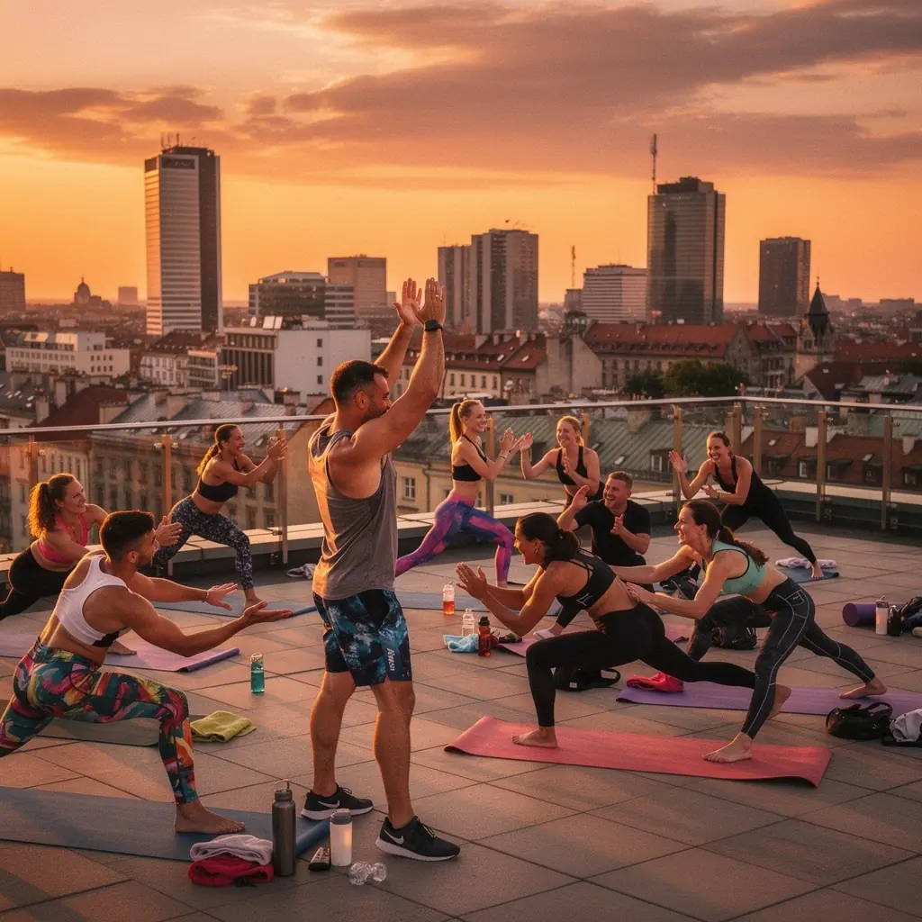 Grupa osób trenujących jogę na świeżym powietrzu, angażujących się w różnorodne asany.