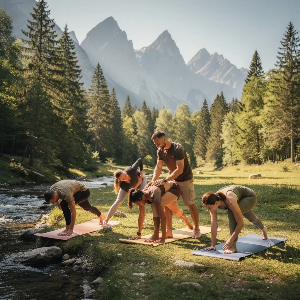 Grupa osób trenujących jogę na świeżym powietrzu, angażujących się w różnorodne asany.