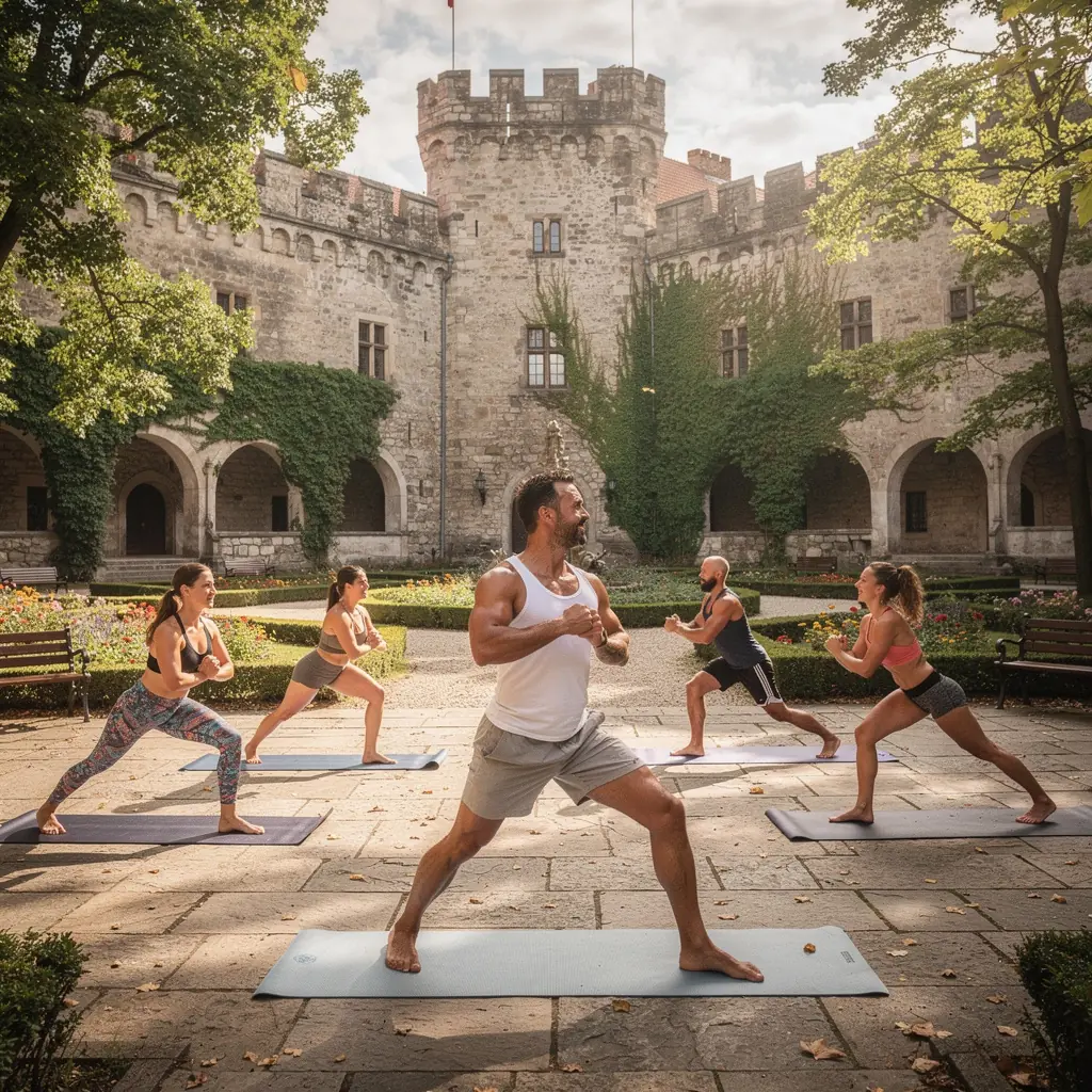 Grupa osób trenujących jogę na świeżym powietrzu, angażujących się w różnorodne asany.