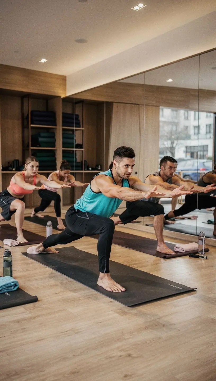 Grupa osób trenujących jogę na świeżym powietrzu, angażujących się w różnorodne asany.