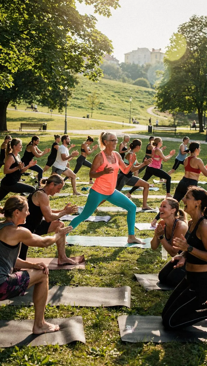 Grupa osób trenujących jogę na świeżym powietrzu, angażujących się w różnorodne asany.