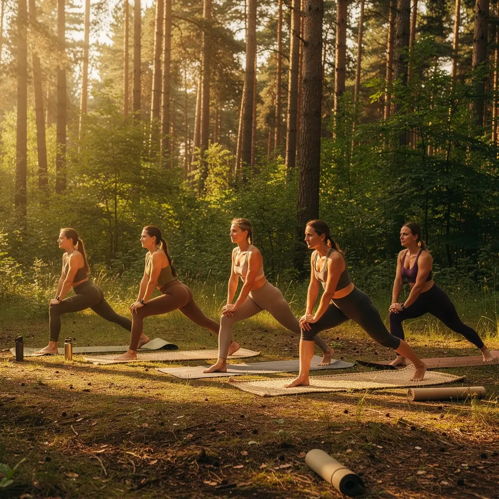 Grupa osób trenujących jogę na świeżym powietrzu, angażujących się w różnorodne asany.